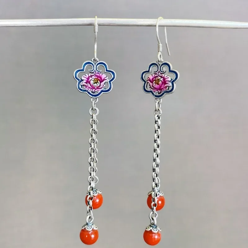 Classic Earrings for Women 925 Silver Enamel Double Sided Pink Peony Flower Red Enamel Round Beads Tassel Earings Jewelry Gift