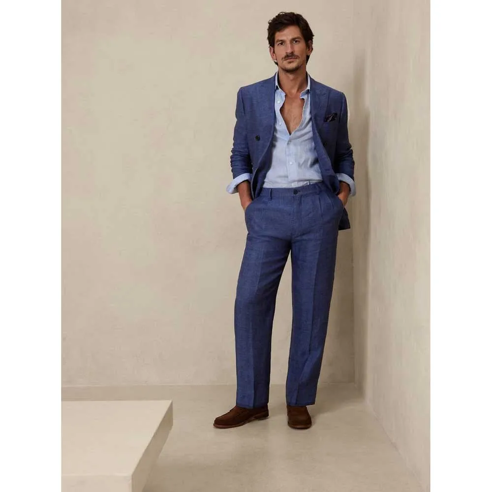 

Elegant Dark Blue Suits for Men Double Breasted 2 Piece Jacket Pants Male Clothing Formal Business Gentleman Slim Fit Blazer Set