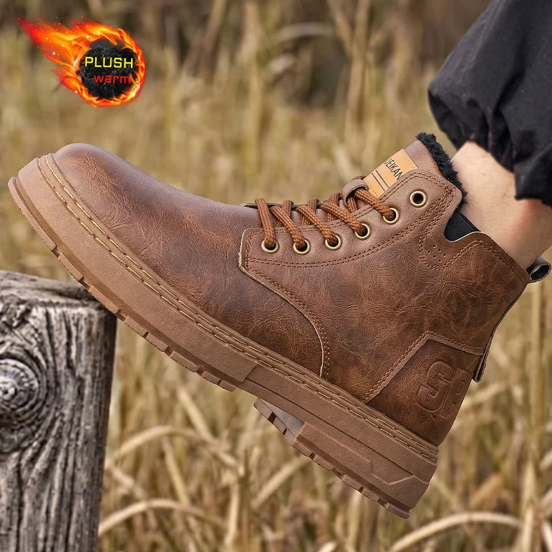Men Winter Snow Boots Plush Lined High‑Top Faux Leather Anti‑Slip Thick Sole Shoes For Snow Day Commute Street Casual Outing