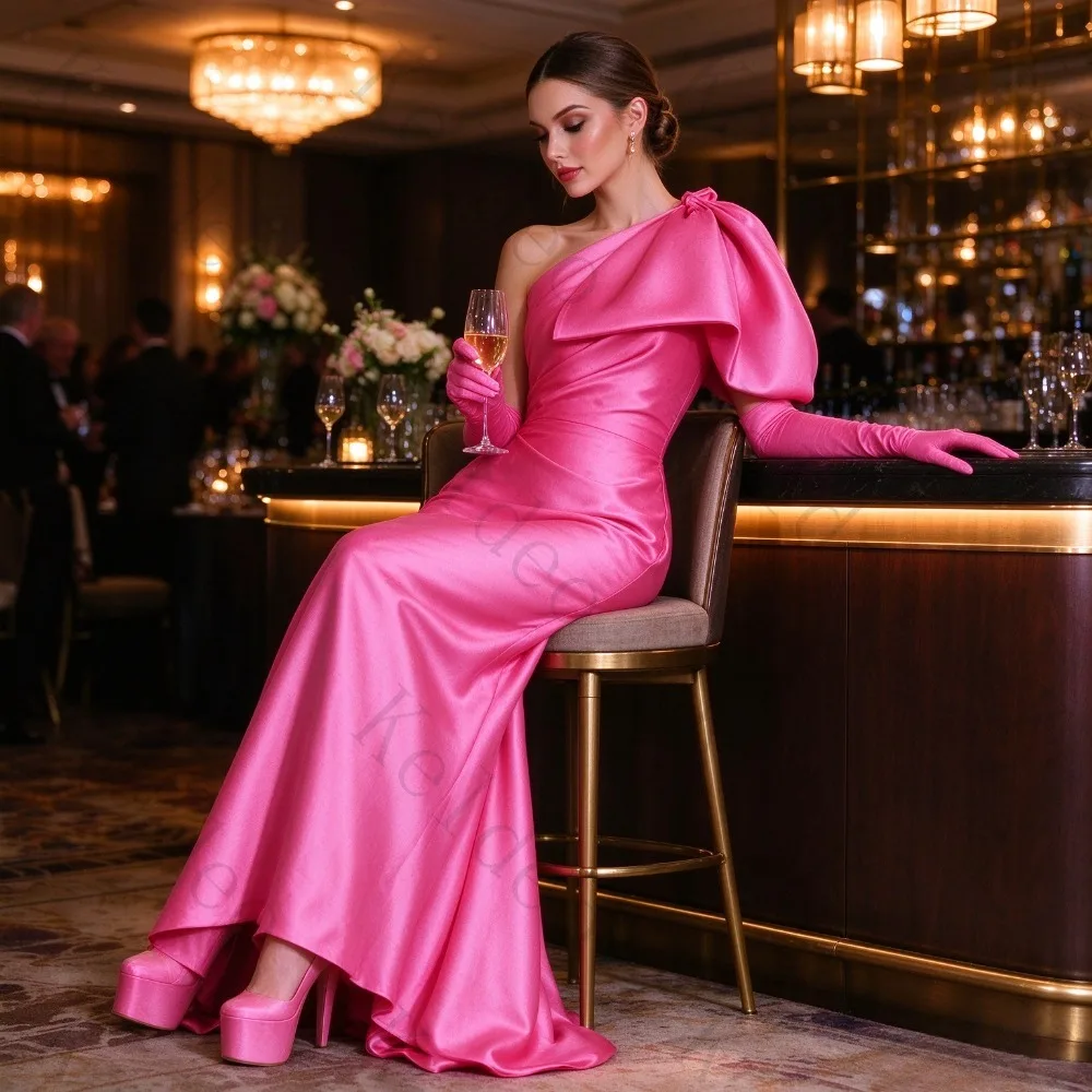 Customized Exquisite Single-shoulder Straight Evening Gowns with Bow Feather Gloves Satin Trailing Formal Banquet Prom Dresses
