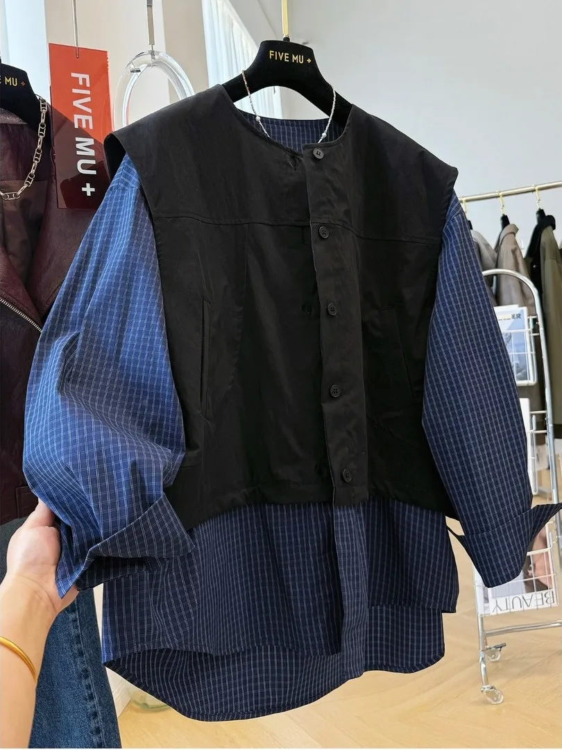 

Extra Large Size Plaid irt Loose round Ne Splicing Design Korean Sle Men's Women's Autumn Outerwear Breathable Polyeste...