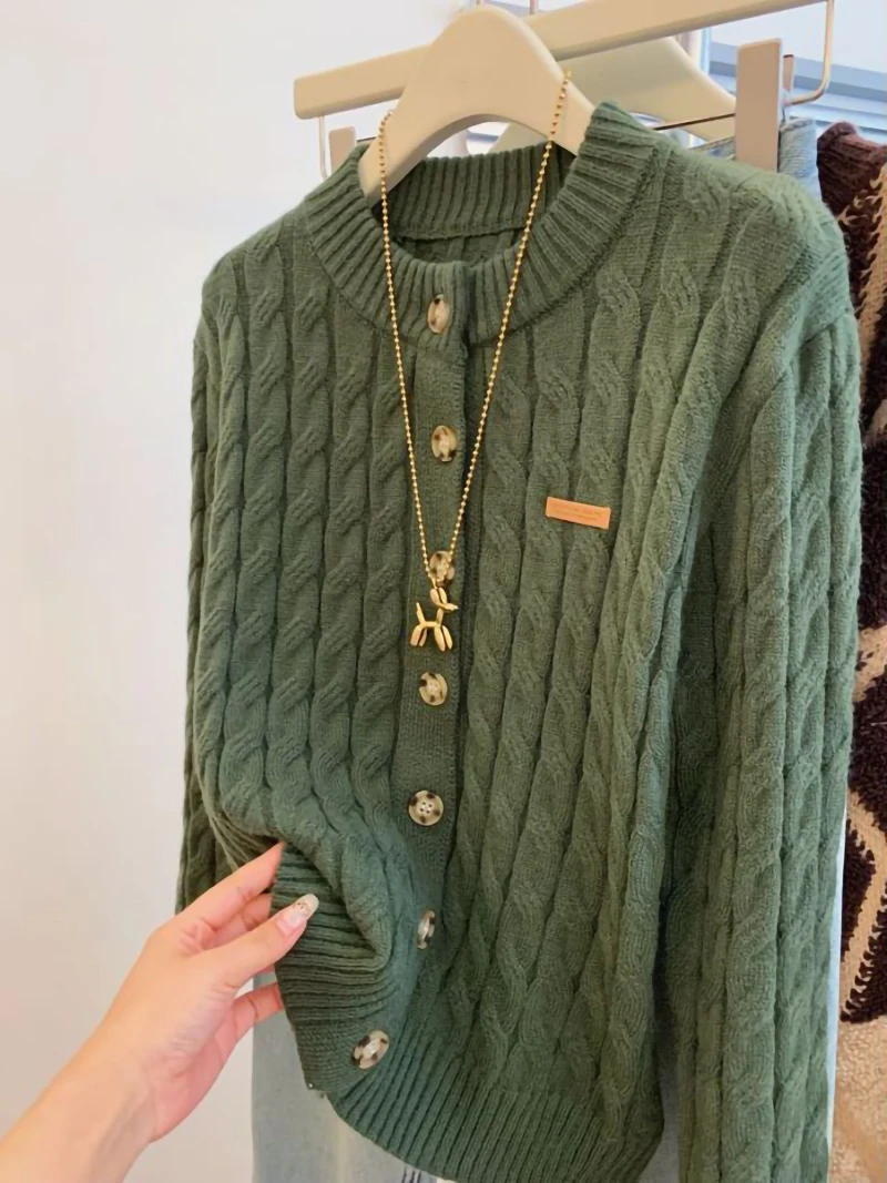 ผู้หญิงสีเขียวTwistedถักรอบคอเสื้อแขนยาวฤดูใบไม้ร่วงและฤดูหนาวเกาหลีElegantใหม่Single-BreastedถักTop 2000