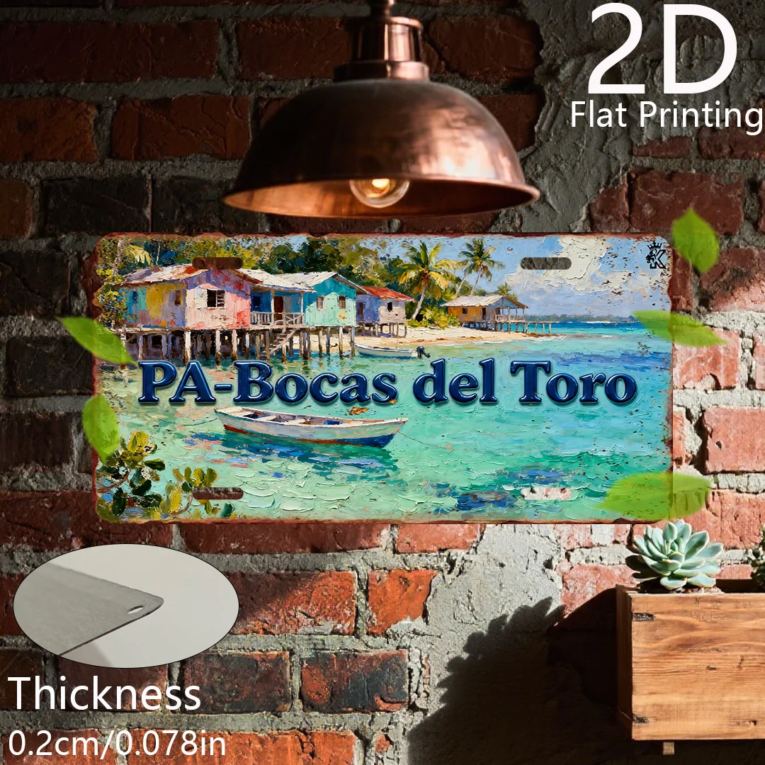 Placa Decorativa Plana 2D, 1 Placa Metálica Vintage de Panamá Bocas Del Toro, Placa Decorativa Estilo Panamá