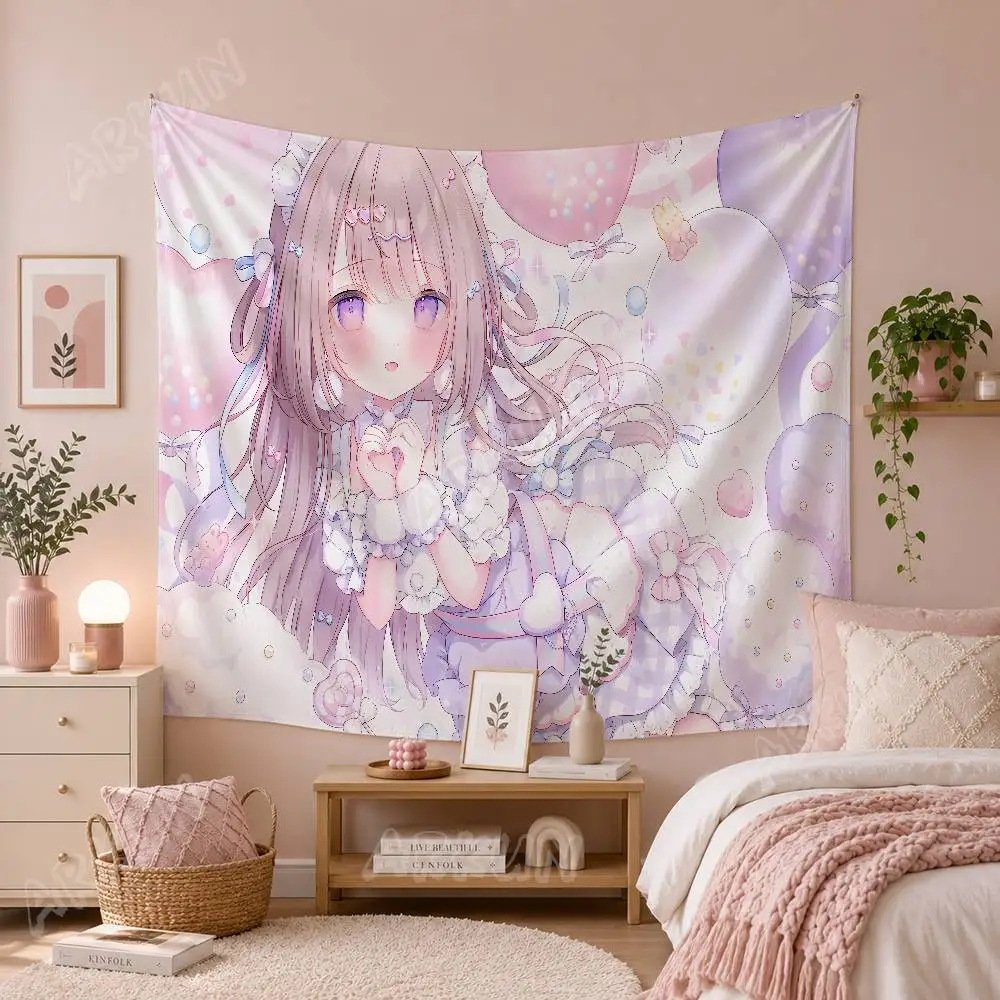 Pastel Pink Anime Girl Tapestry Soft Aesthetic Maiden Print Wall Hanging Tapestry Dreamy Kawaii Wall Art Blanket Girl room Decor