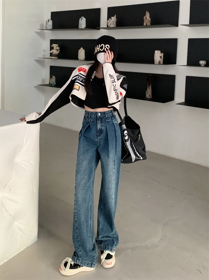 하이웨이스트 와이드 레그 데님 진 여성용 루즈 슬림 스트레이트 레그 팬츠 플로어 렝스 바지 가을 패션 플러스 사이즈