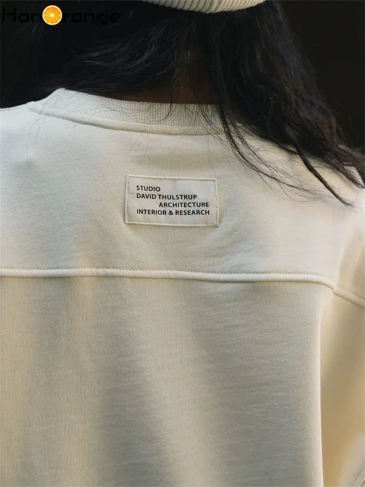 HanOrange 2025 أوائل الربيع صورة ظلية بسيطة س الرقبة القطن البلوز المرأة فضفاضة رداء علوي غير رسمي البلوز أوف وايت/رمادي داكن