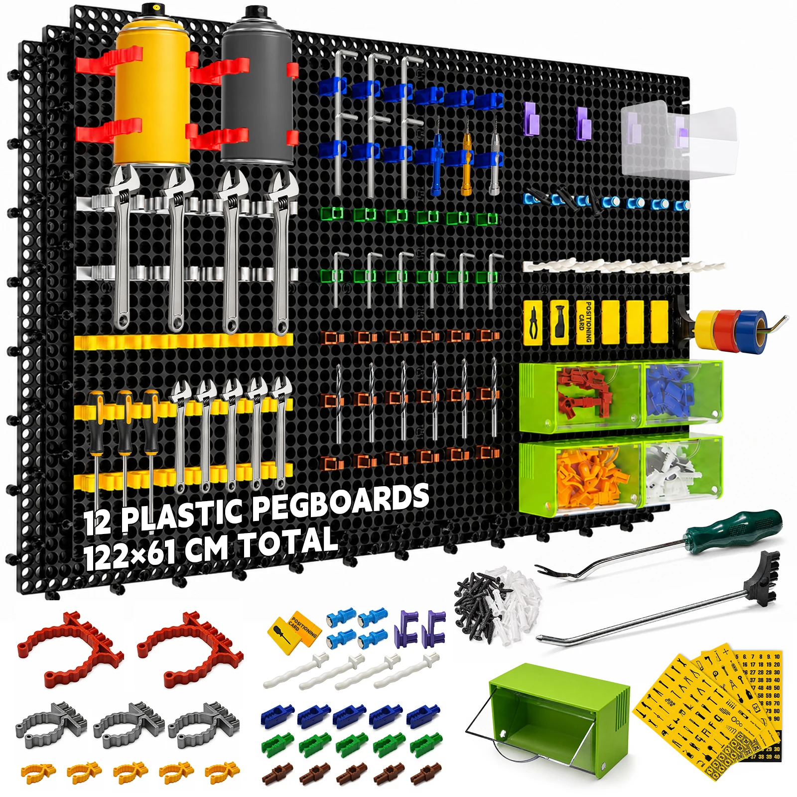 Plastic Pegboard wall storage kit, 12panels black 122 x 61cm, 428pcs, with hooks, clips, and boxes, modular tool storage board