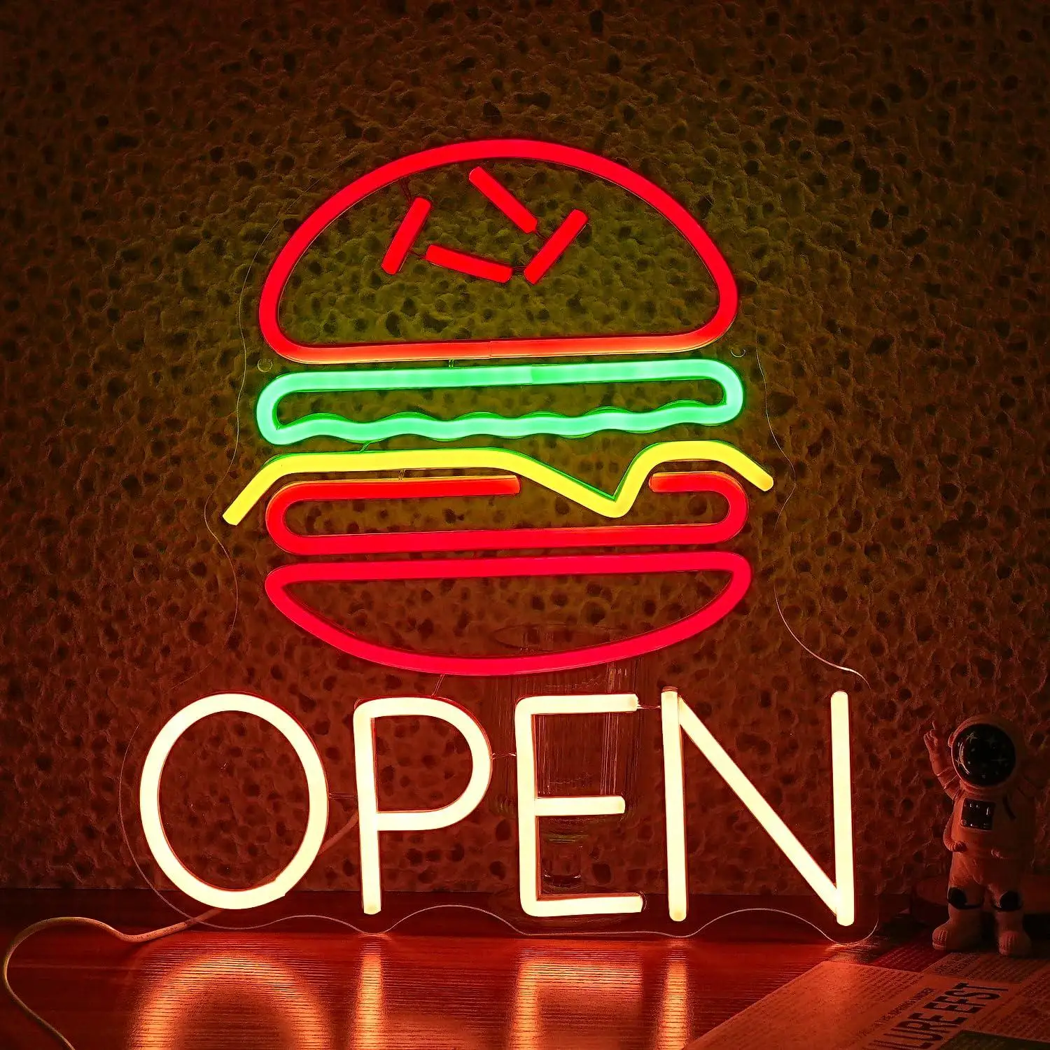 ハンバーガーオープンネオンサインusb調光可能なledライトバーガーショップファーストフードレストラン店頭壁装飾ウェルカムライトサイン