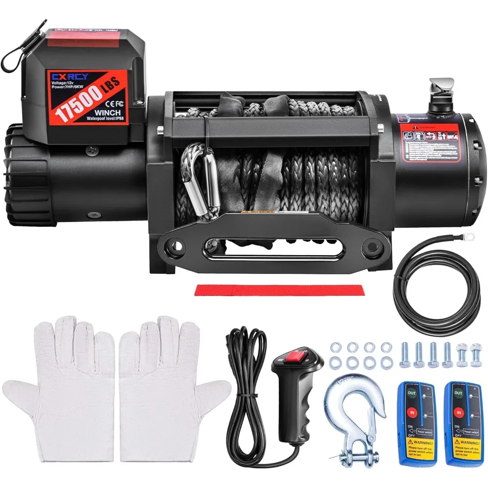 12V Electric Winch,17500LBS Load Capacity Synthetic Rope Towing Winches for Jeep Truck SUV,with Wired Handle and Wireless Remote