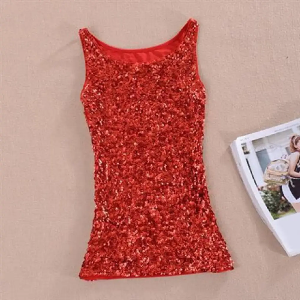 Women Sequin Tank Top Sparkling Sequin Tank Top for Women Slim Fit O Neck Vest with Elastic Waistband Shiny Stage Show