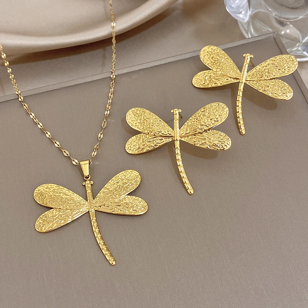 Vintage Gold Plated Stainless Steel Stud Earrings Necklace Chic Hammered Metal Dragonfly Earrings Necklaces Waterproof Jewelry