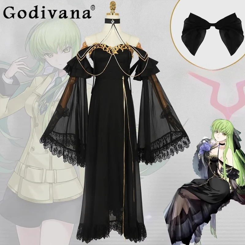 

Anime Black Evening Dress for Girls Cosplay Costume 2d Anime Game Full Dress Set Off Shoulder Wig Women Sexy Party Suit