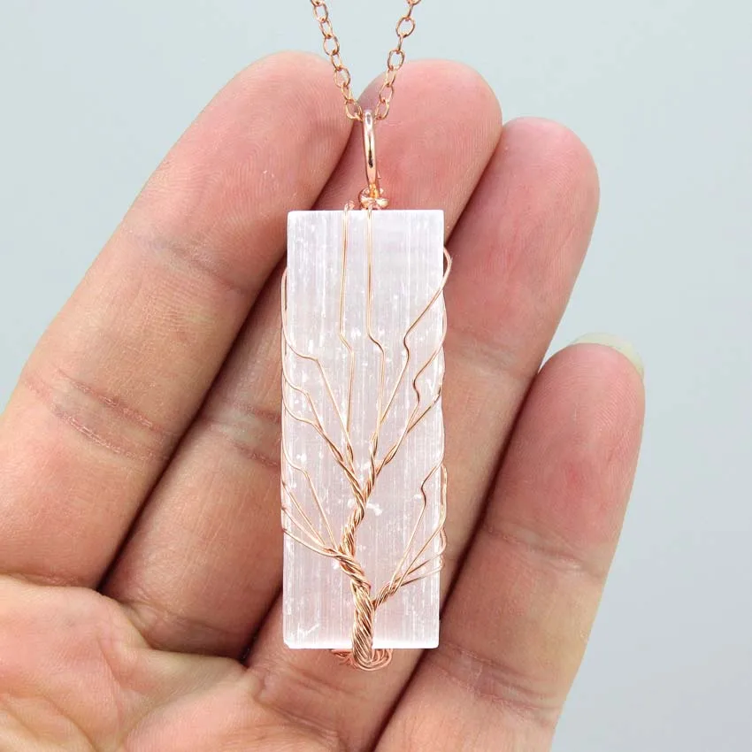 Copper Wire Wrapped Necklace For Women Men Natural Selenite Quartz Crystal Tree of Life White Color Selenite Stone Pendant Chain view 6