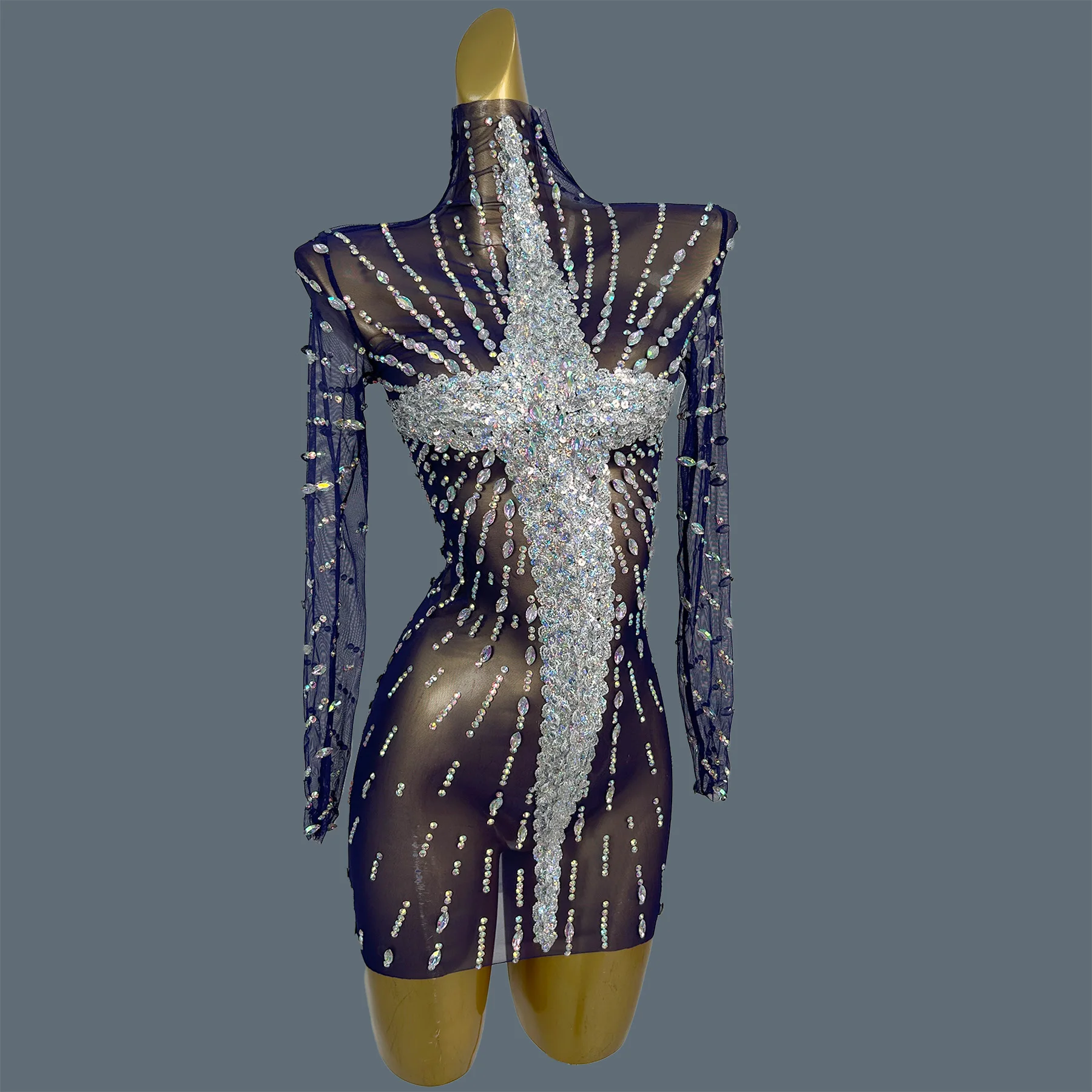 

Синее прозрачное мини-платье из сетки с радужными пайетками и кристаллами, блестящее сексуальное платье с длинными рукавами для выпускного вечера Xingguang