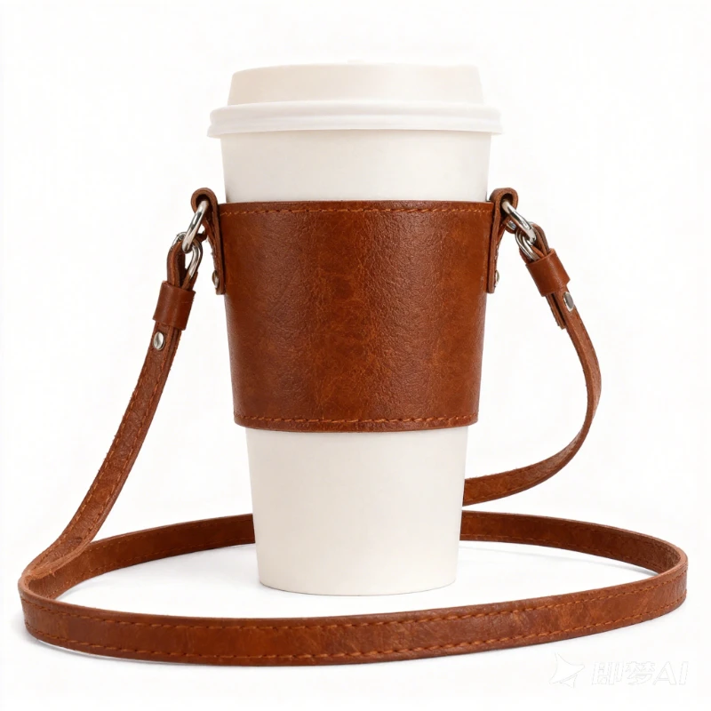 PU Leather Cup Sleeves，Portable Leather Crossbody Cup Sleeve for Milk Tea and Coffee，Heat-insulating Water Bottle Covers