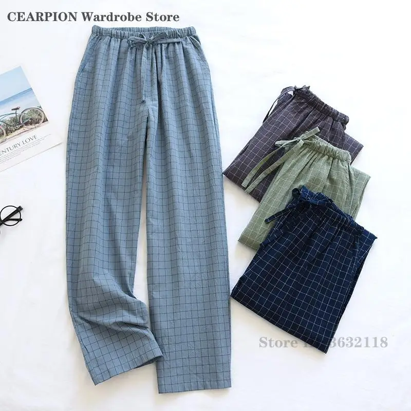 Men Pajama Pants Cotton Plaid Sleep Bottoms Long Trouser for Spring and Summer Thin Style Loose-Fitting Loose Casual Men Pants