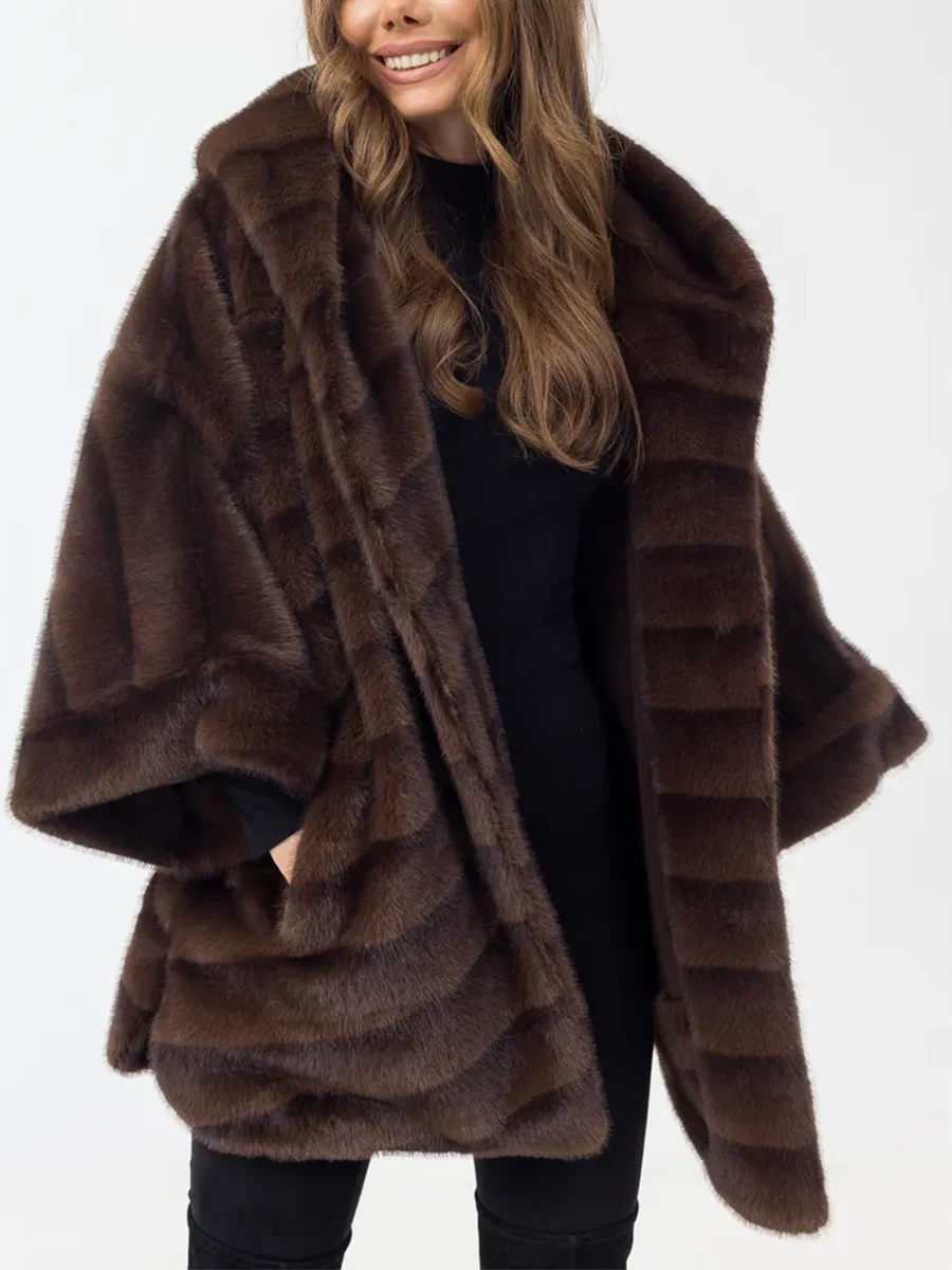LIMO Ladies Hooded Striped Faux Fur Poncho Coat Batwing Sleeve Oversized Fashion Plush Jacket