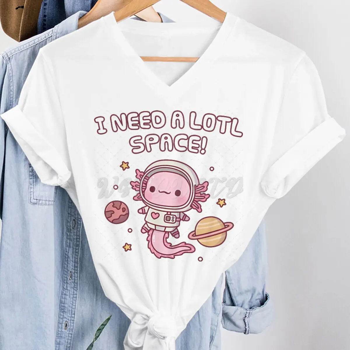 Woman T-shirts Cute Axolotl I Need A Lotl Space Graphic Tee Tops Clothes Astronaut Axolotl Cartoon Kawaii T-shirt Summer Clothes