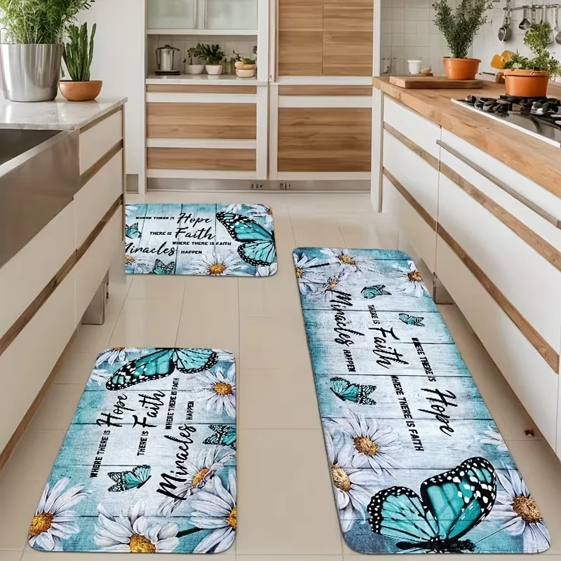 Rustic Daisy Butterfly Kitchen Mat Non Slip Floor Rug Cottage Style All Seasons Hallway Runner Living Room Mat Wood Board Design