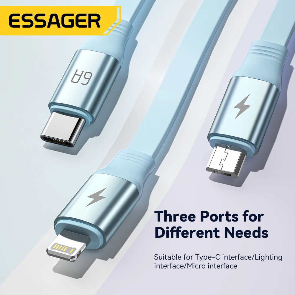 Essager 6A قابل للسحب 3 في 1 USB كابل شحن لماك بوك سامسونج Xiaomi مايكرو USB نوع C كابل شحن كابل آيفون 66 واط