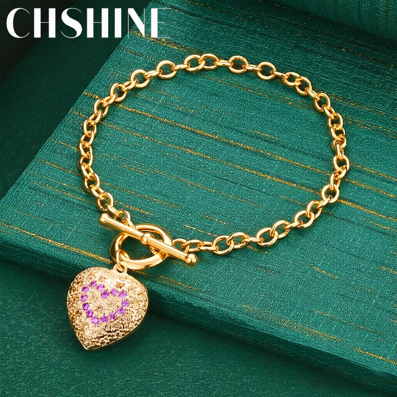 925 Sterling Silber 18K Gold Lila Kristall Eingelegtes Herz-Charm-Armband für Frauen Süßes Valentinstags-Dating-Schmuckgeschenk