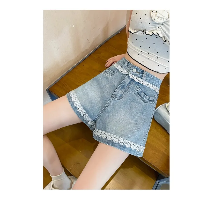 

Womens Y2k Shorts Light Blue Denim Shorts Lace Trim Wide Leg Summer Loose Fit Thin Comfort Casual