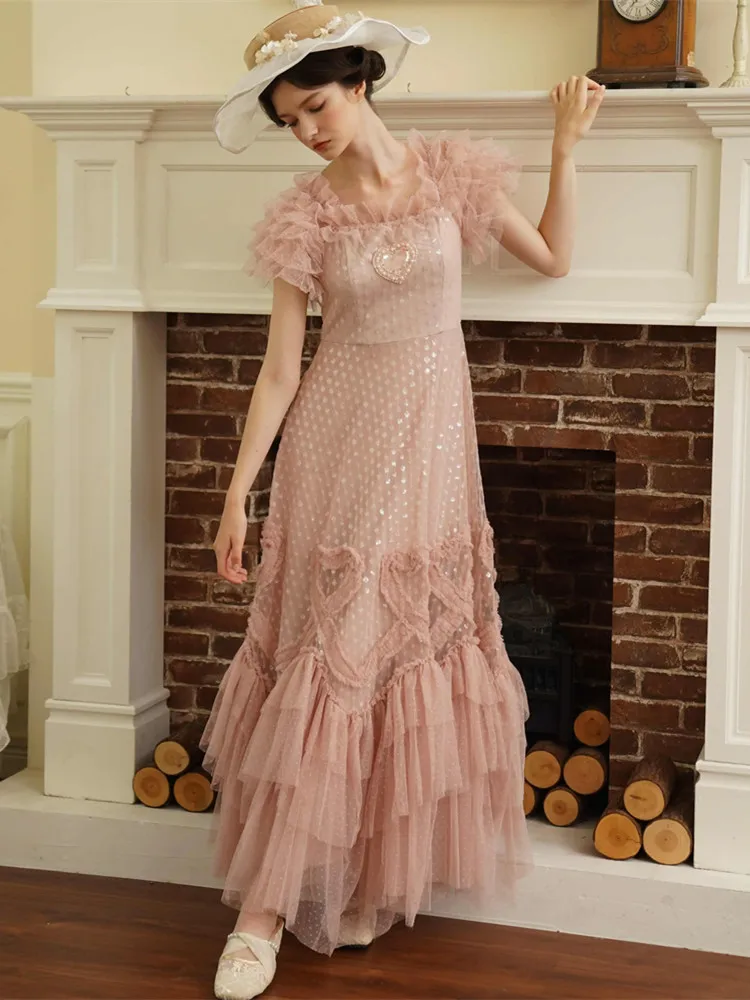 82-94cmBust Geburtstagskleid Damen Vintage ElegantSlim Handgemacht Perlen Herz Pailletten Extra großer Saum Romantisches leichtes Hochzeitskleid