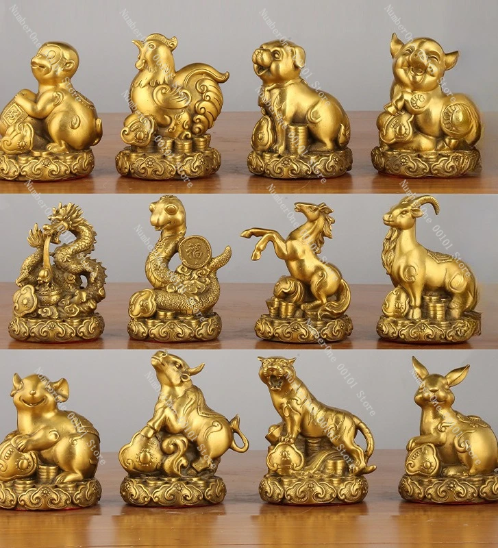 12 Chinese Zodiac Brass Figurines - Rat Ox Tiger Rabbit Dragon Snake Horse Goat Monkey Rooster Dog Pig Home Decoration Craft,