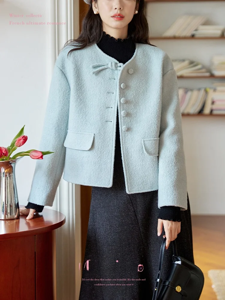 

Moriirose Women's Greenish Blue round Neck Woolen Coat Loose Fit Vintage Style Button up Knitwear for Winter Fashionable Top