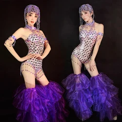 Sexy Glitter Gogo Dance Costume Nightclub Party Dj Ds Rave Outfit Drag Queen Clothes Purple Sequin Bodysuit Adult Clubwear 5337