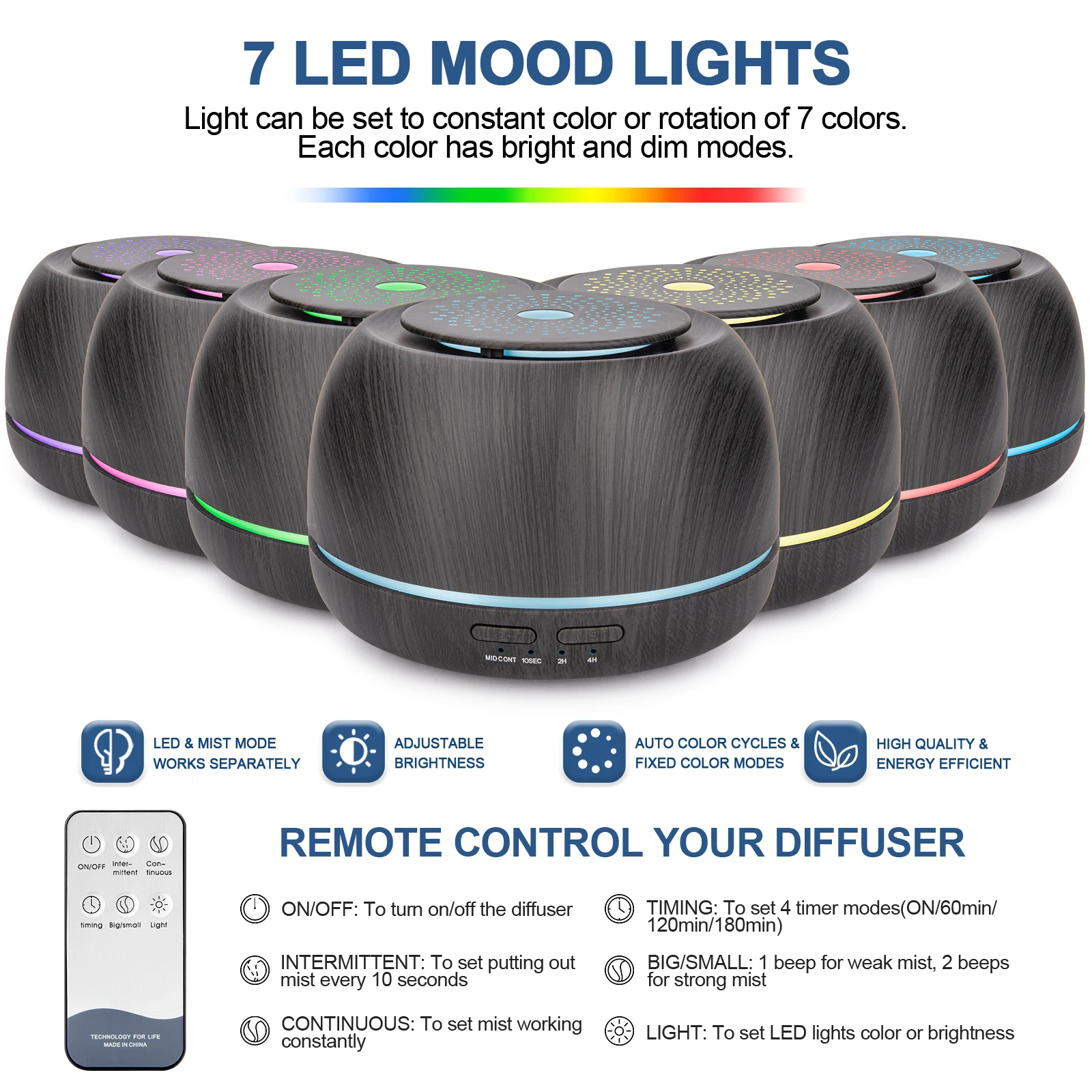 Humidificador de aire con difusor de aceite esencial, atomizador ultrasónico de niebla fría, temporizador de aromaterapia, difusor de luz de 7