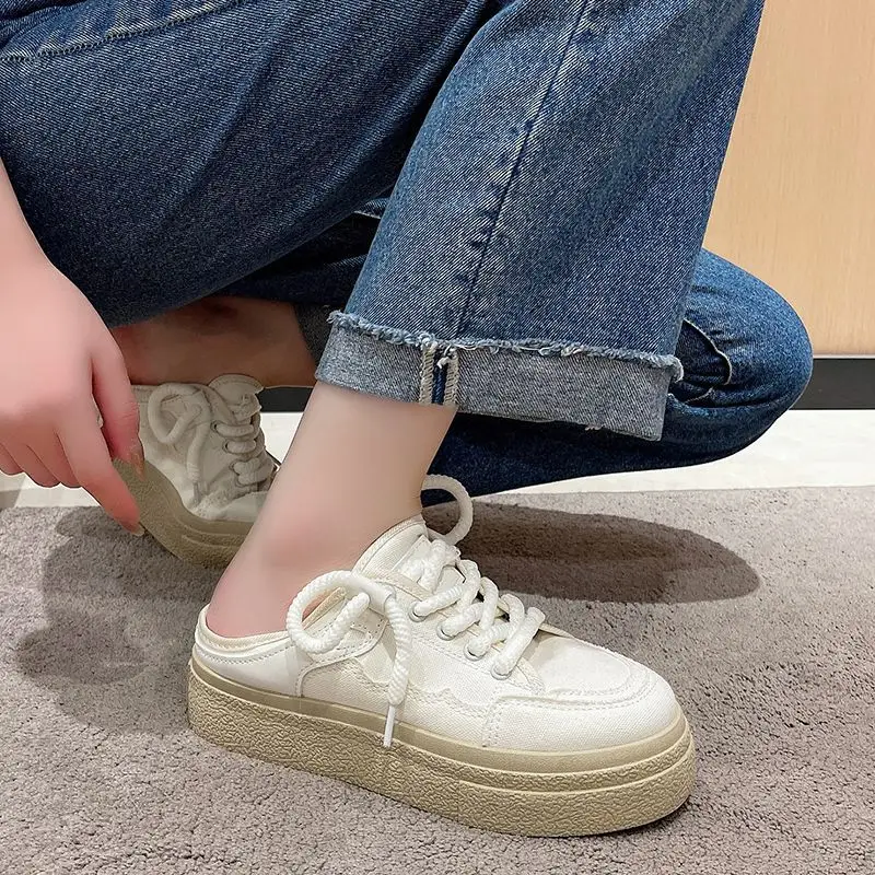 

2025 Women's Canvas Slip On Shoes Breathable Lightweight Half Dragons Student Style White Sneakers with Lazy Fastening