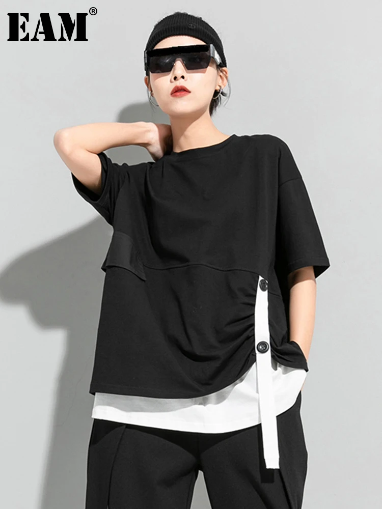 [EAM] Women Black Contrast Color Irregular Big Size T-shirt New Round Neck Half Sleeve  Fashion Tide Spring Summer  2024 1DD5757