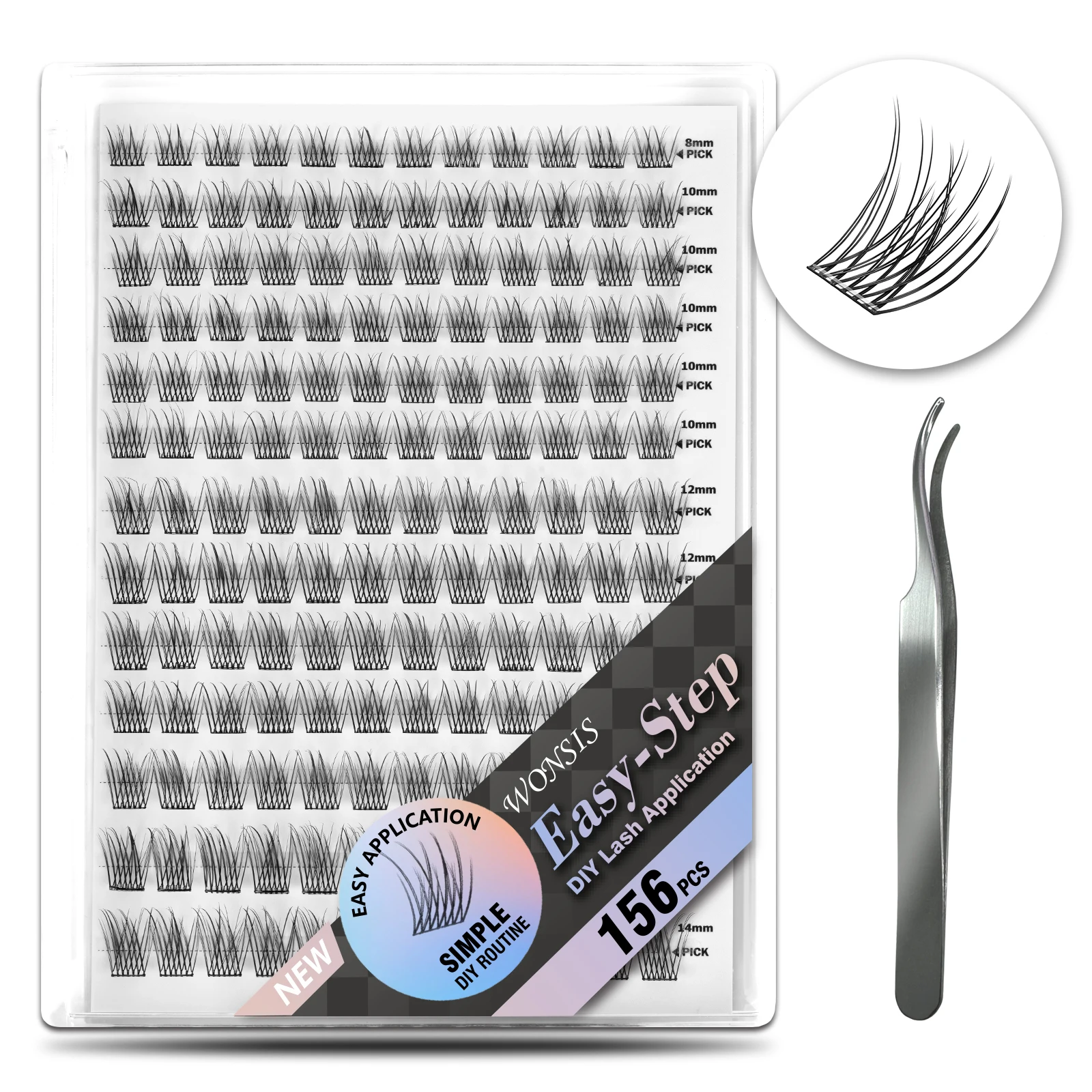 WONSIS 156pcs Self Adhesive Lash Clusters, No Glue Needed Natural Wispy False Eyelashes with Tweezers, Clear Band Lashes, Lightweight Soft Comfortable Reusable Lash Extensions for Beginners, Natural Eye Enlargement for Daily Makeup