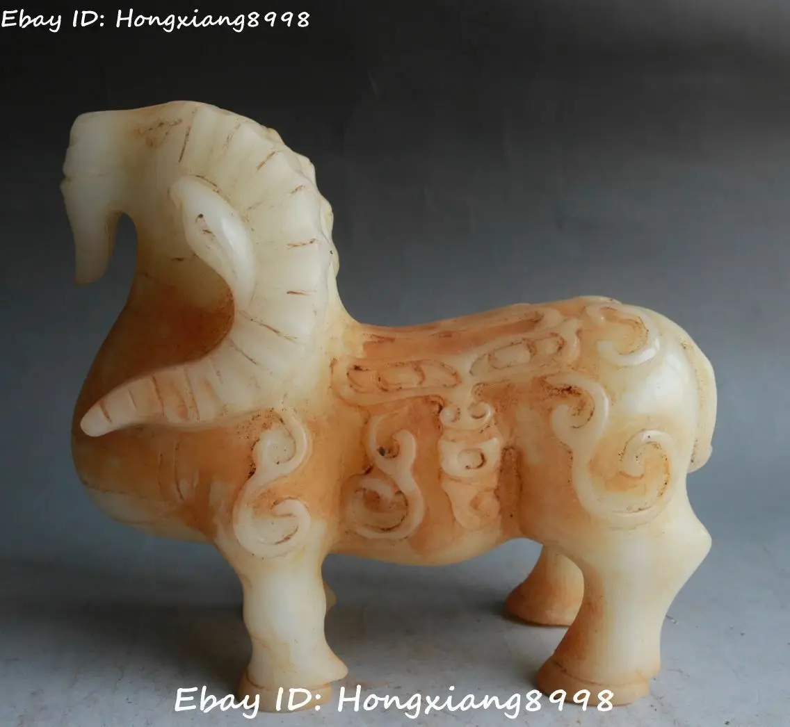 China Old Jade 12 Zodiac Year Sheep Sheeps Goat Beast Animal Pattern Statue