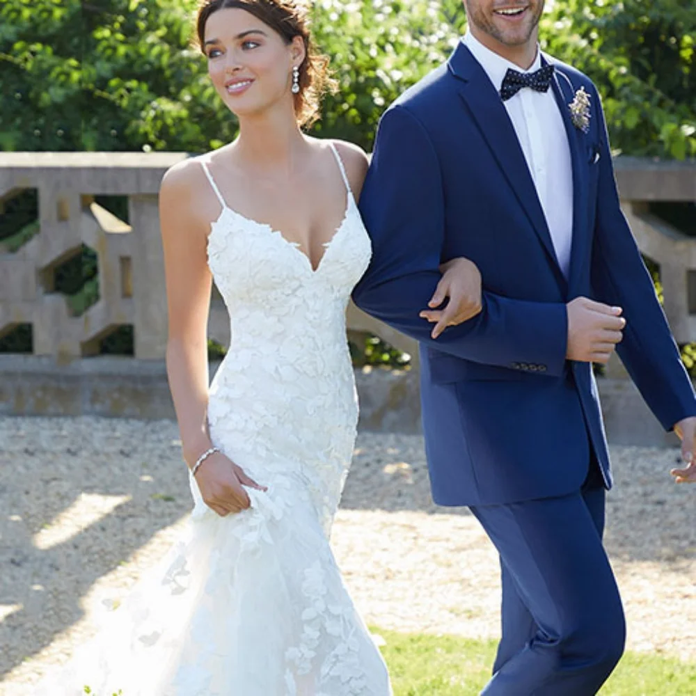 Mermaid ที่กําหนดเองชุดแต่งงานลูกไม้ V คอชุดเจ้าสาวสปาเก็ตตี้สายรัด Backless ชุดเจ้าสาว Applique Vestidos De Novia