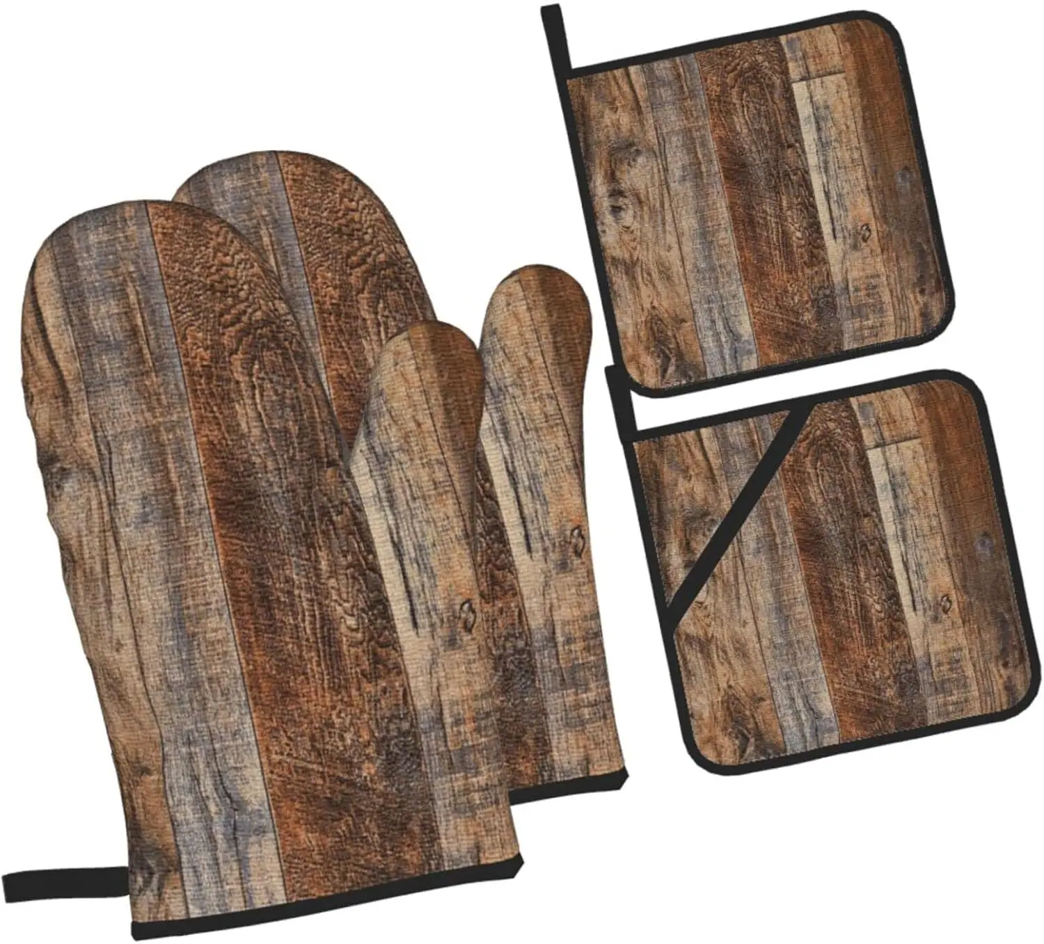 Oven Mitts and Pot Holders Sets of 4,Vintage Brown Wood Splicing Pattern,Oven Mitts Heat Resistant Oven Gloves Set Potholders