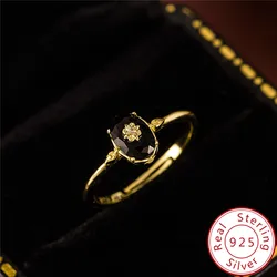 Real 925 Sterling Silver 18k Gold Plating Synthetic black agate Open Ring For Women vintage Light Luxury Fine Jewelry
