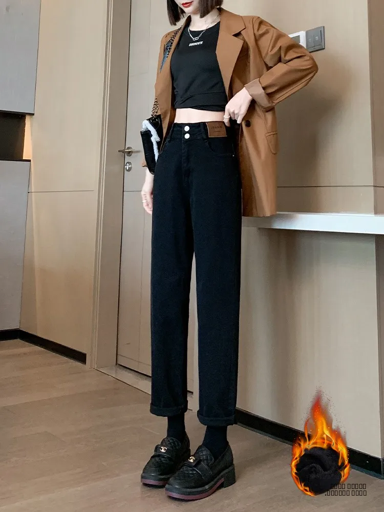 

Женские джинсы-харланы с высокой талией на флисовой подкладке, осенне-зимние, утепленные, прямого кроя, больших размеров, укороченные, в стиле «папины брюки»