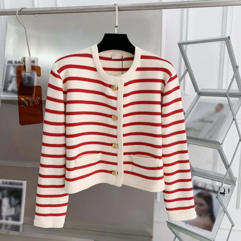 Collision Striped Round Neck Knitted Cardigan Female Autumn French Loose Short Paragraph Outwear Sweater Gold Buckle