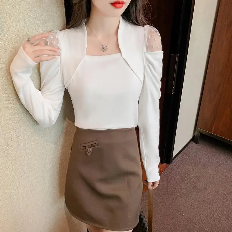 Fashion Gauze Spliced Off Shoulder Puff Sleeve Blouses Women Clothing 2024 Spring Summer New Slim Korean Tops Office Lady Shirts