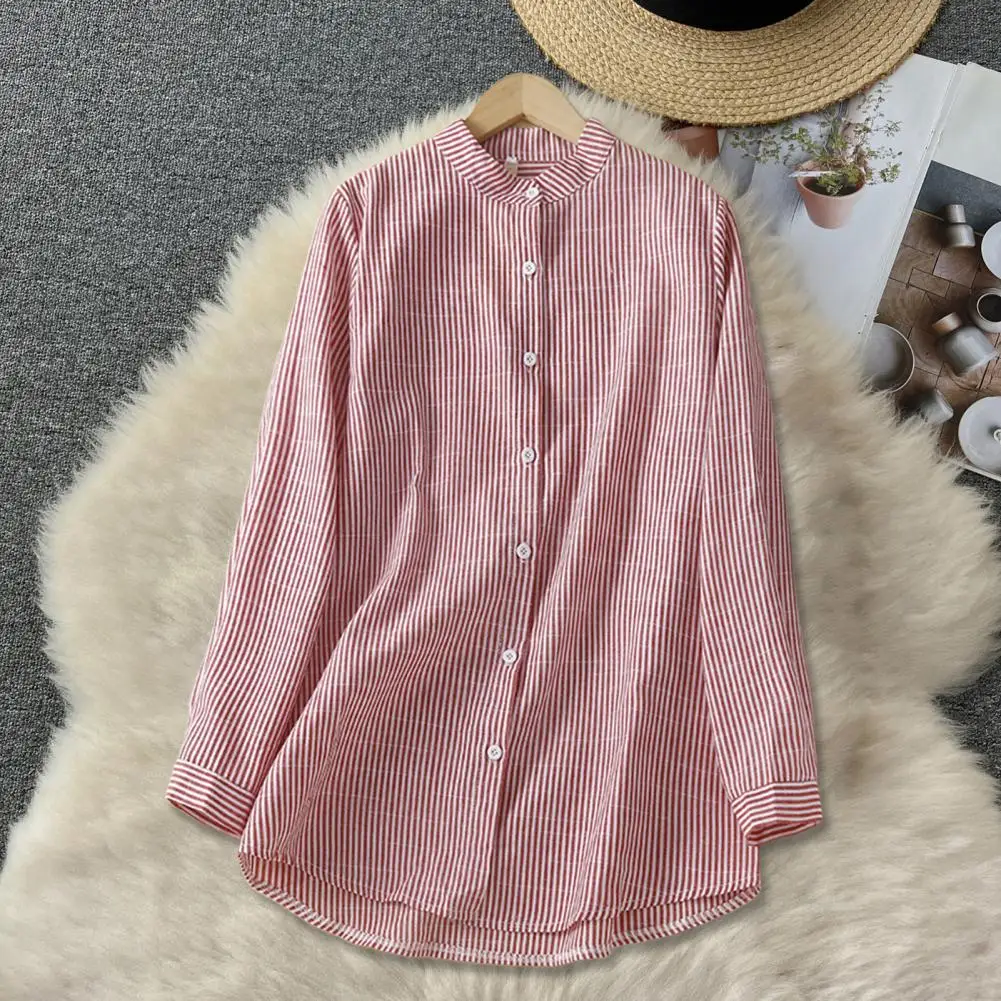 

Women Clothing Elegant Stand Collar Women's Shirt with Vertical Striped Print Loose Fit Office Lady Blouse Long Sleeve Single