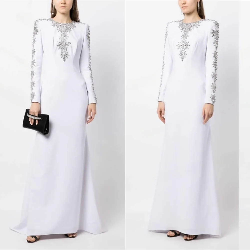 

Customized Modern White Jersey Evening Dress Exquisite O-Neck Long Sleeves Celebrity Gowns Luxury Special Occasion Gowns