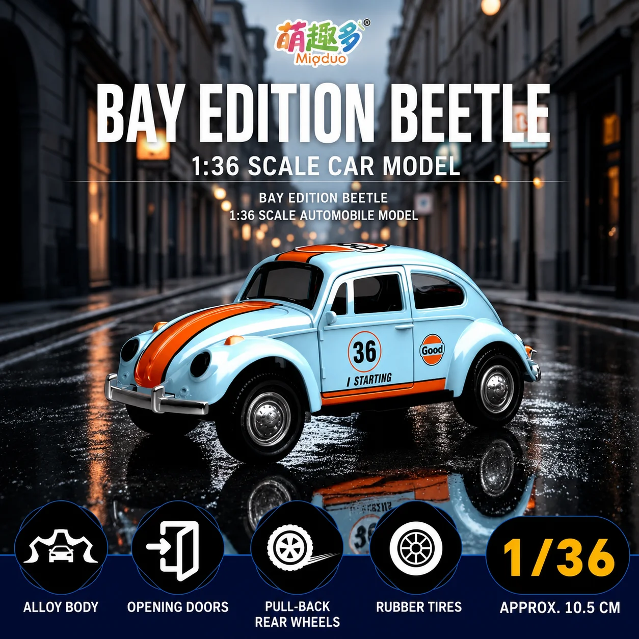 MQUDUO Retro Orange Beetle 1:36 Scale Metal Car Model Pull Back Action Detailed Interior & Exterior Office Decor for Adults
