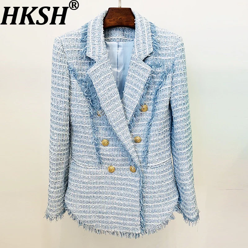

HKSH осень-зима новый женский модный элегантный уличный модный двубортный лоскутный клетчатый твидовый пиджак с бахромой HK7101