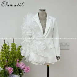 French Style Fashion Simple Commute Suit Mesh Stitching 3D Wave Ruffled Single Button Long Sleeve Blazers and Jackets For Women