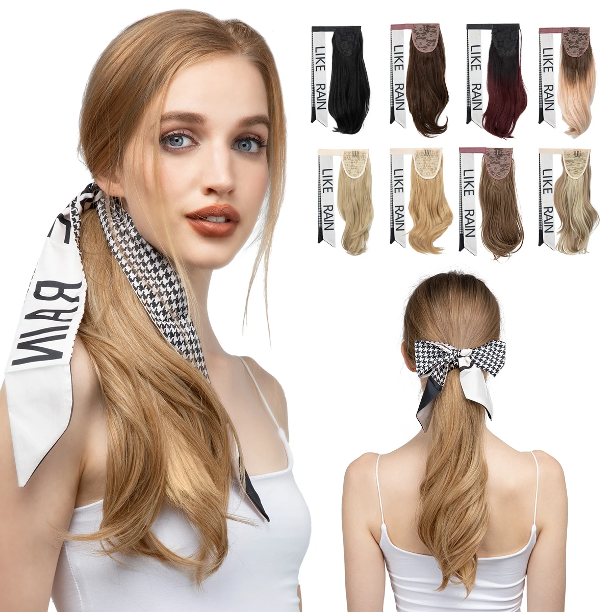 Premium Synthetic Wavy Clip in Ponytail With Headband Hair Extension Fake Hairpiece Blonde Wrap Around Pigtail Smooth Pony Tail