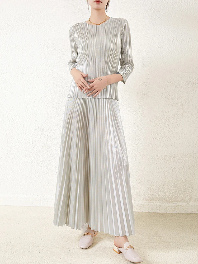 GVUW Pleated 2 Pieces Set Women Chic Style Round Collar Lace-up Tops + Folds Wide Leg Trousers Elegant Lady New Sets 17G7863