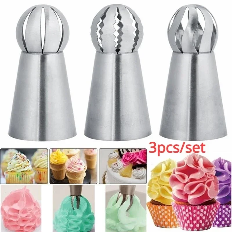 3Pcs/Set Stainless Steel Pastry Nozzle Russian Ball Pastry Nozzles Russian Icing Piping Nozzle Tips Cake Decoration Tools