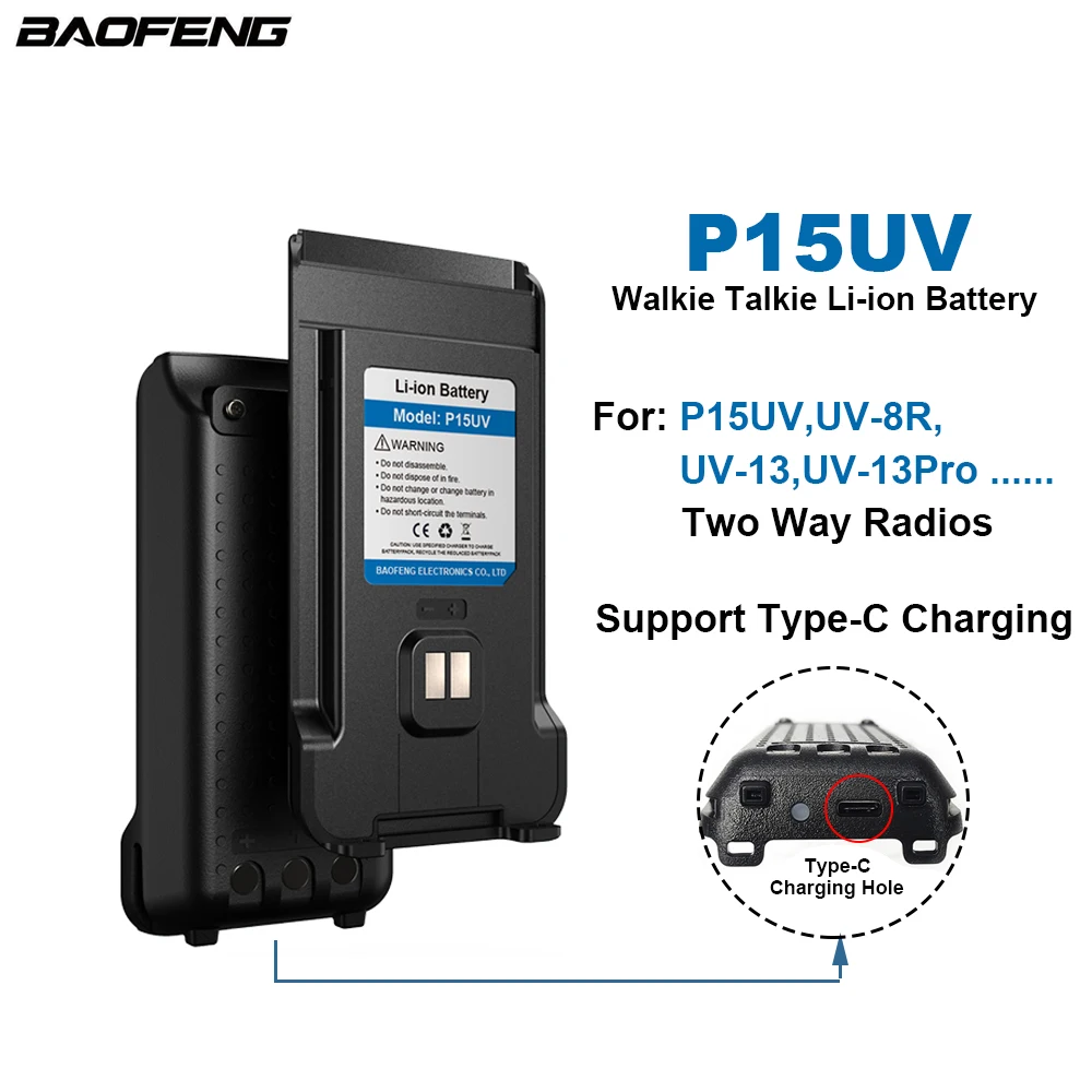 P15UV BAOFENG Walkie Talkie Li-ion Battery BF-P15UV UV-8R UV-13 UV13 Pro Portable Two Way Radios Extra Battery TYPE-C Charging